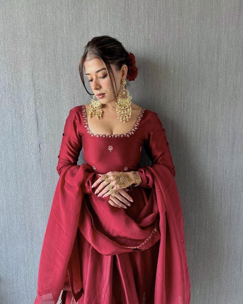 Latest Maroon Color Natural Crep Sequence Salwar Suit