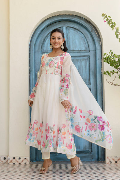 White Color Organza Silk Digital Printed Top Pent Dupatta