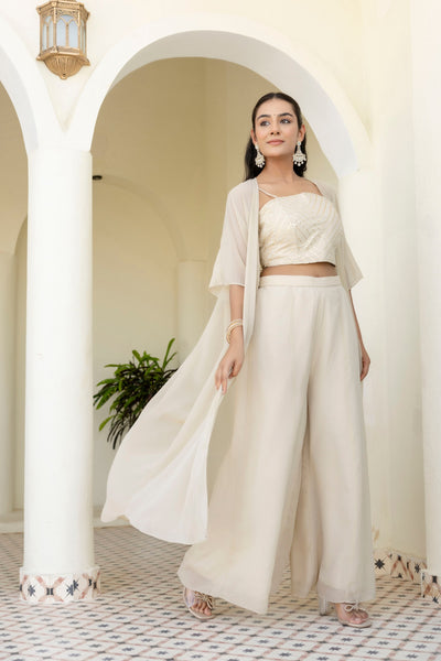 Off White Color Georgette Gotta Patti Plazo Top Shrug