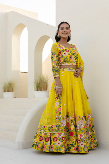 Wedding Wear Yellow Color Organza Sequence Lehenga Choli