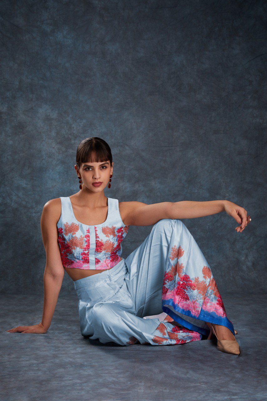 Blue Color Satin Printed Co-Ord Set