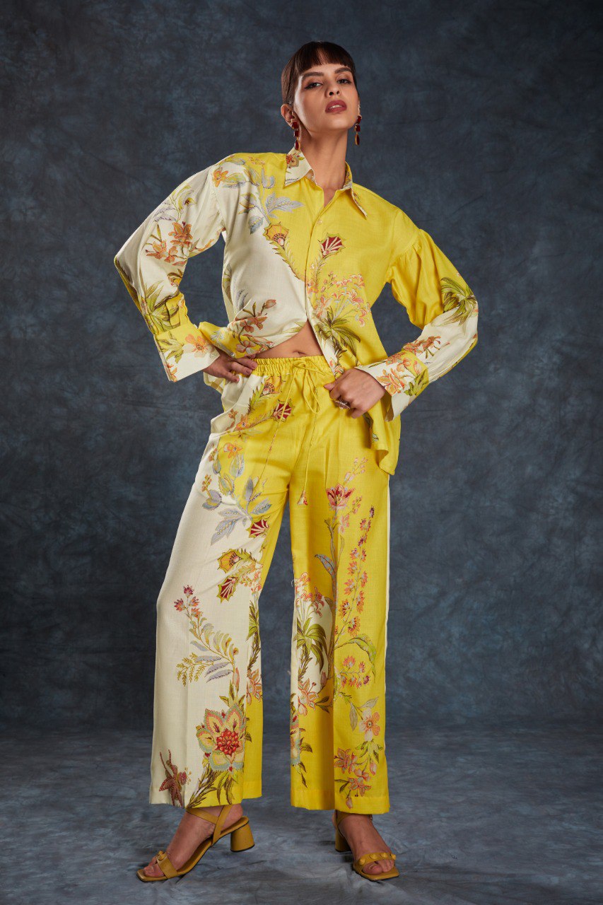 Yellow Color Printed Linen Co-ord Set