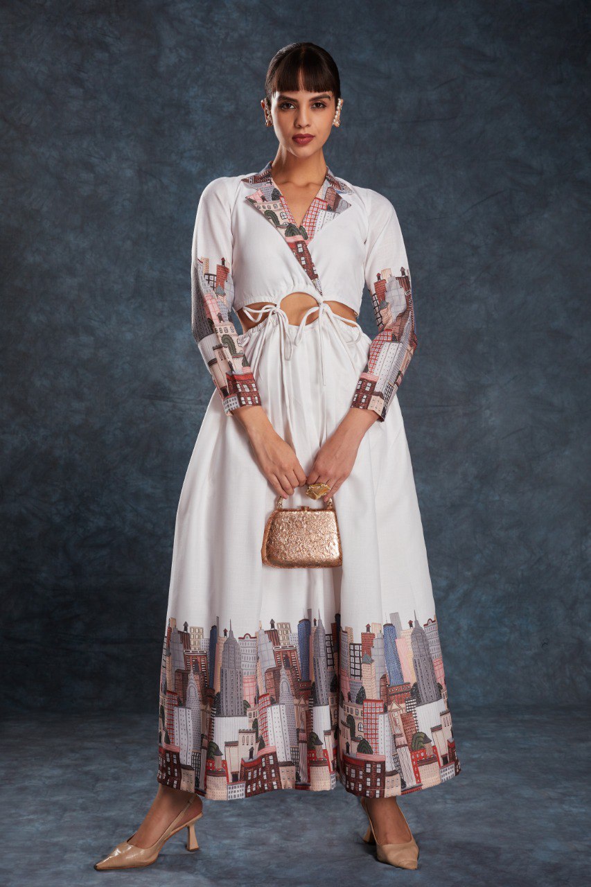 White Color Linen Printed Maxi Gown