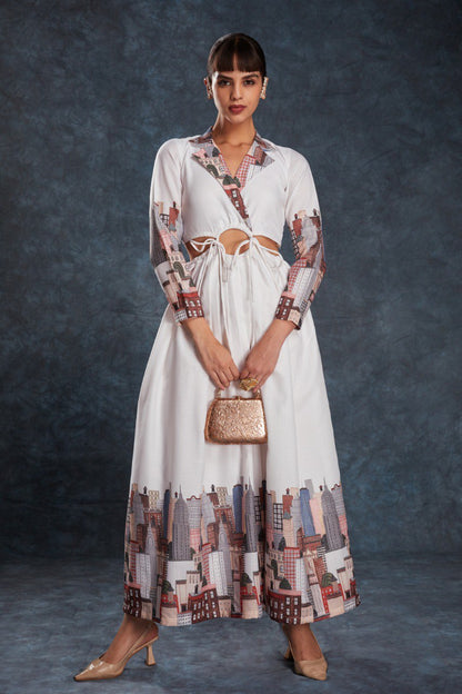White Color Linen Printed Maxi Gown