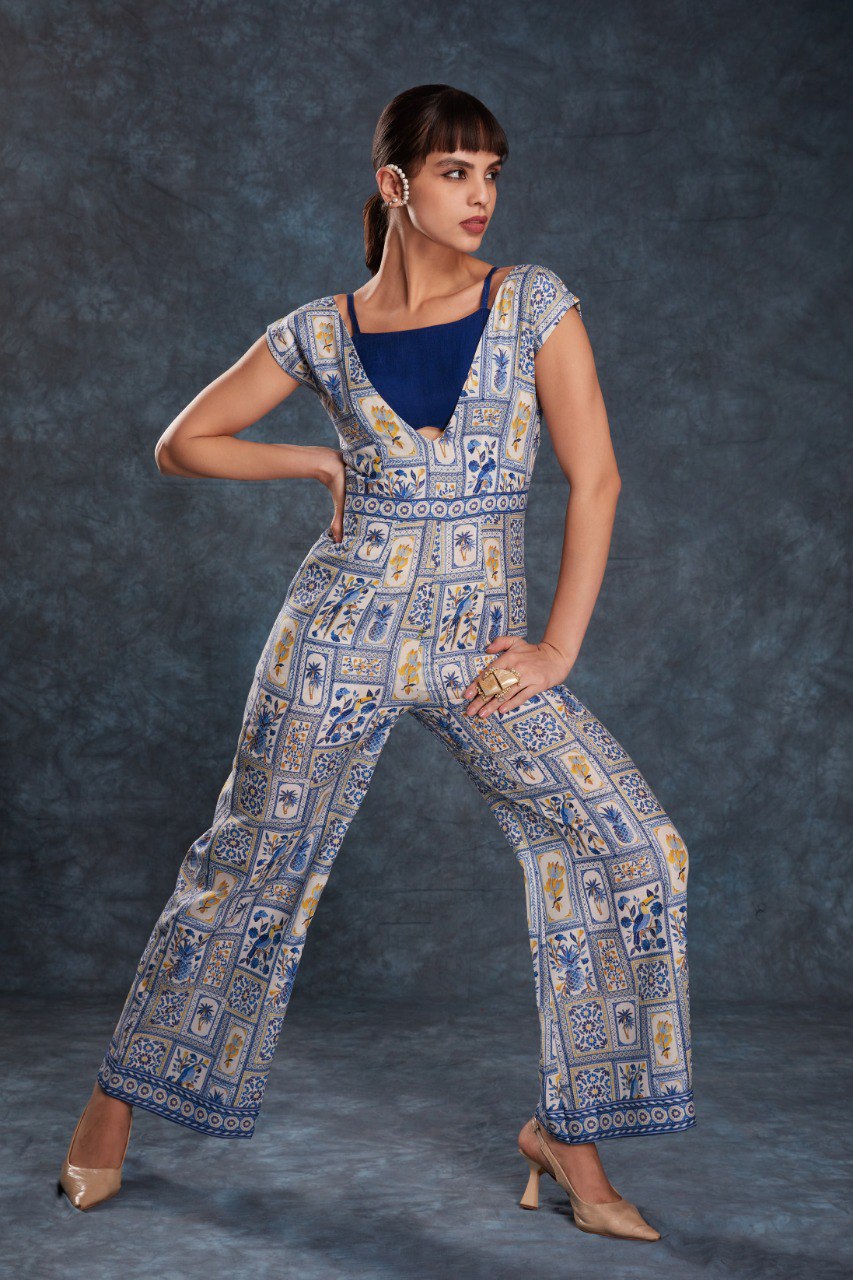Blue Color Linen Printed Jump Suit