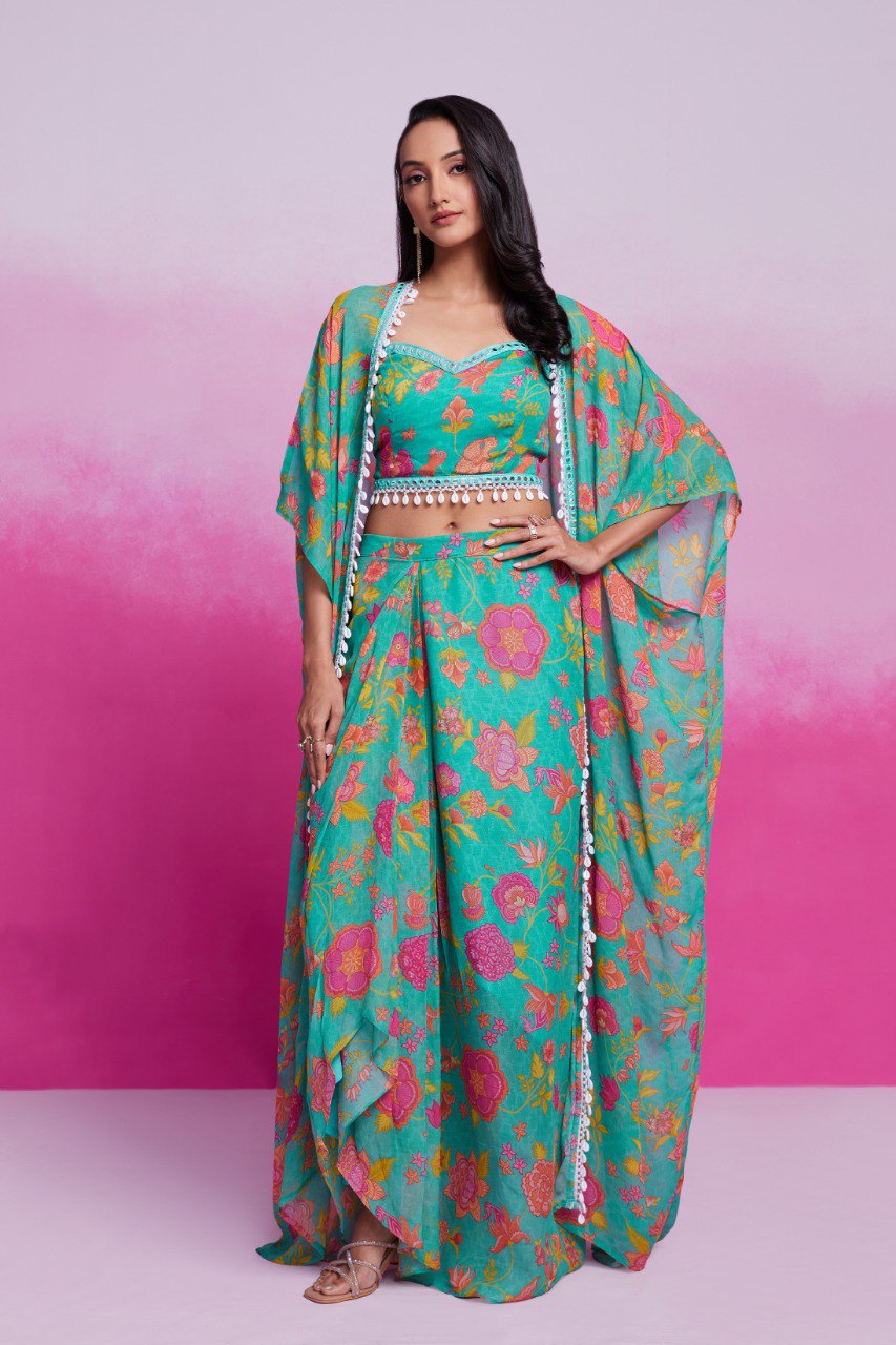 Turquois Color Georgette Printed Co-ord Set