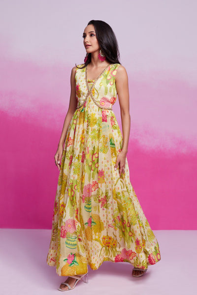 Yellow Color Organza Printed Gown