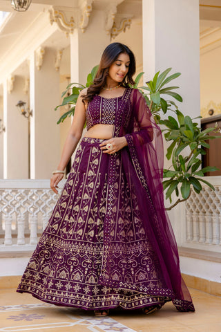 Wine Color Georgette Sequence Lehenga Choli