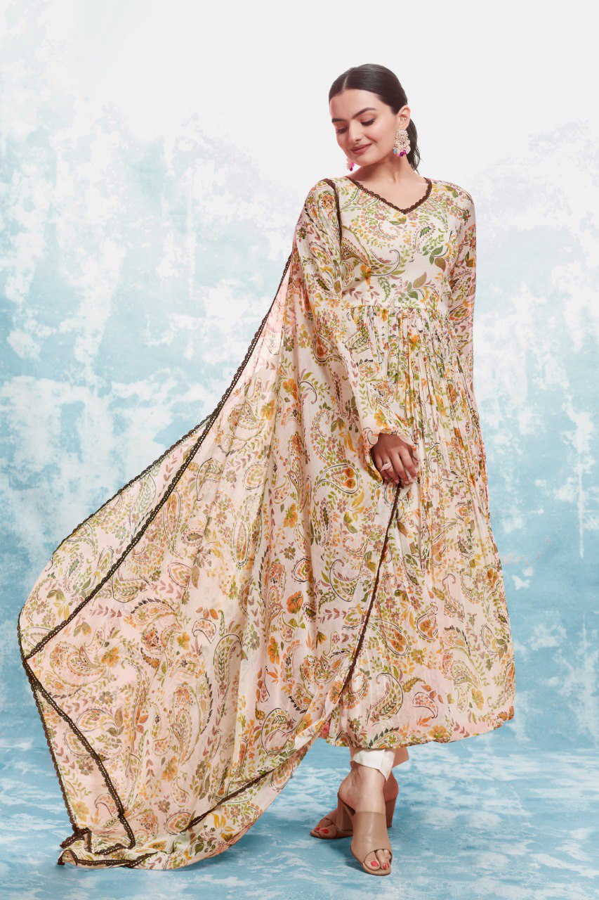Cream Color Chiffon Digital Printed Anarkali Top Pant Dupatta