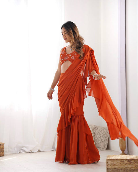 Rust Color Georgette Sequence Ready to wear Plazo Saree