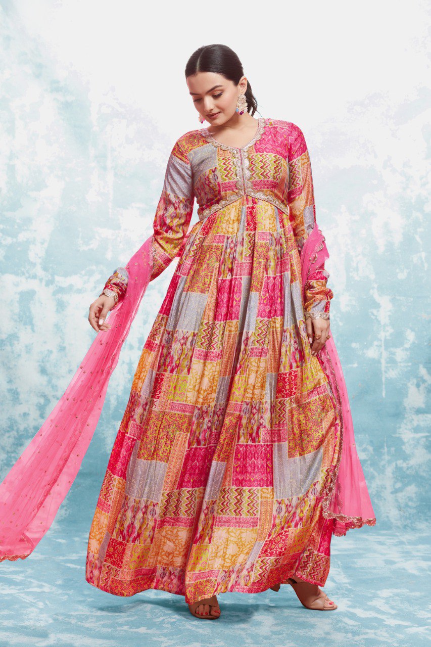 Latest Pink Color Cotton Printed Gown Dupatta