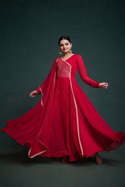 Party Wear Red Color Georgette Gotta Pattii Gown