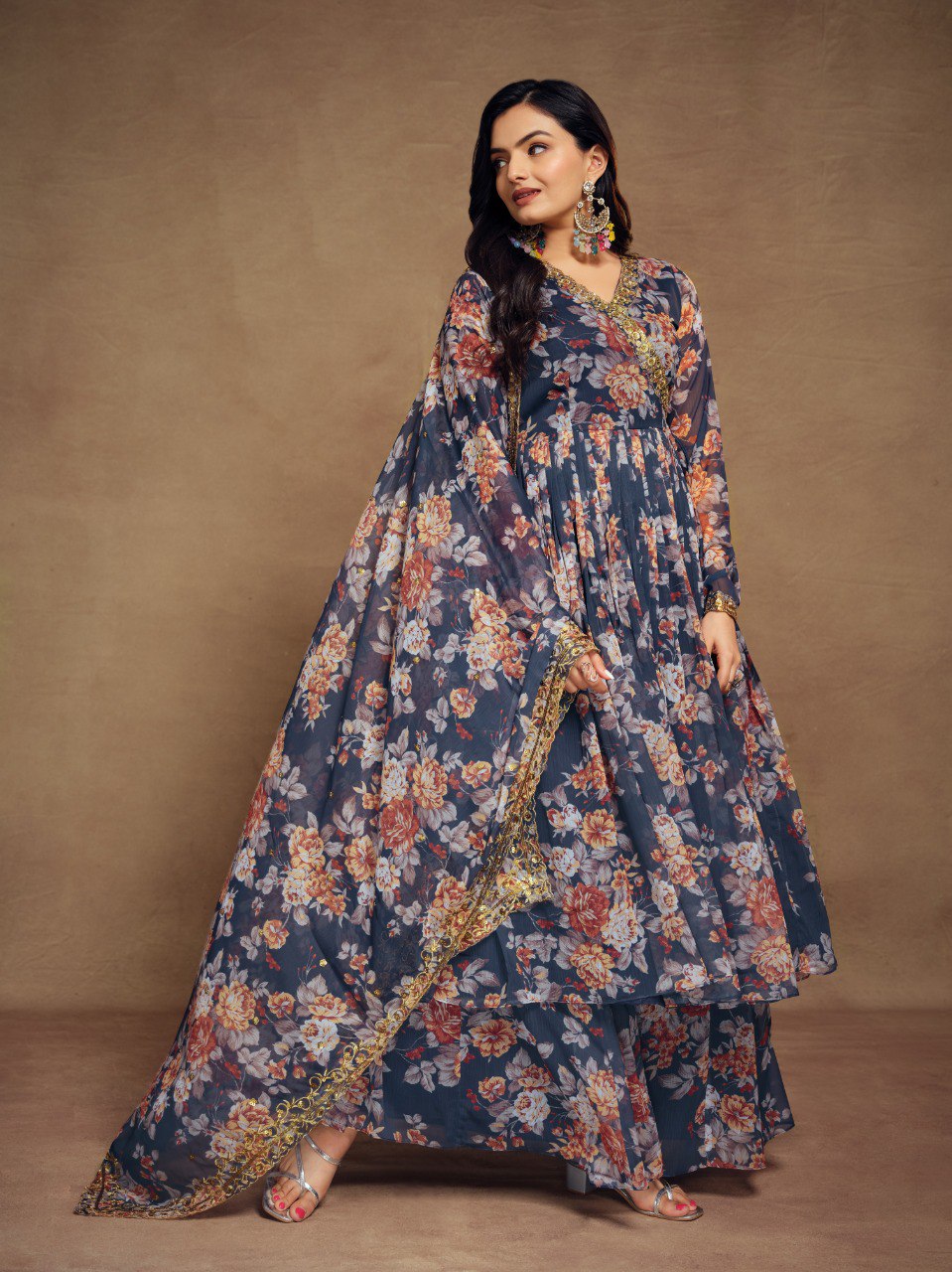Blue Color Embroidered Chiffon Plazo Suit