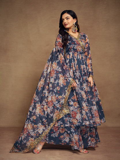 Blue Color Embroidered Chiffon Plazo Suit