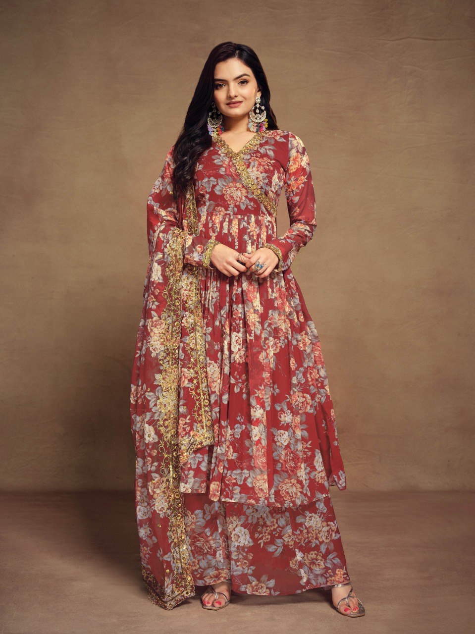 Red Color Chiffon Embroidered Zari Plazo Top Dupatta