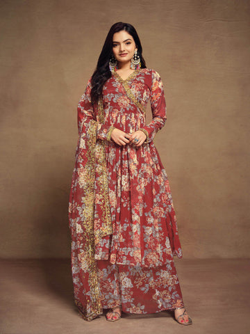 Red Color Chiffon Embroidered Zari Plazo Top Dupatta