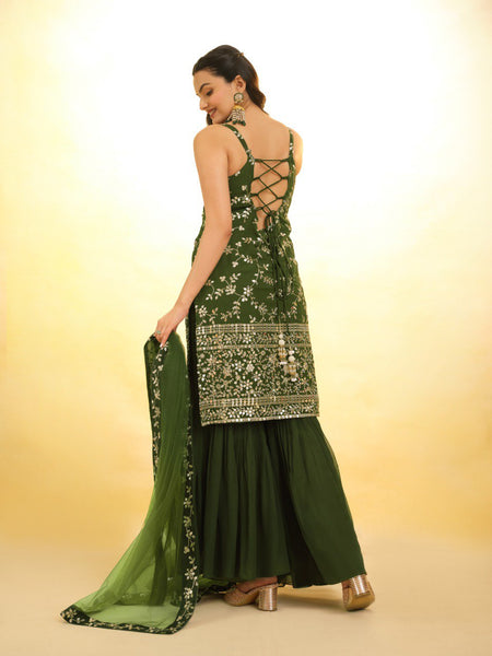 Green Color Embroidered Georgette PLazo Suit