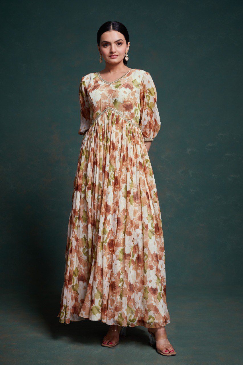 Party Wear Cream Color Chiffon Gown