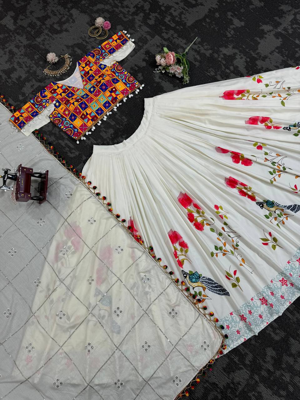 Off White Color Rayon Real Mirror Lehenga Choli
