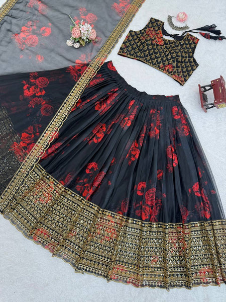 Black Color Organza Printed Sequence Lehenga Choli