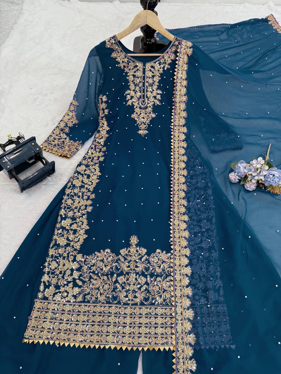 Faux Georgette Dress with Coding & Sequence Work | 3-Piece Plazo Suit