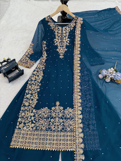 Faux Georgette Dress with Coding & Sequence Work | 3-Piece Plazo Suit