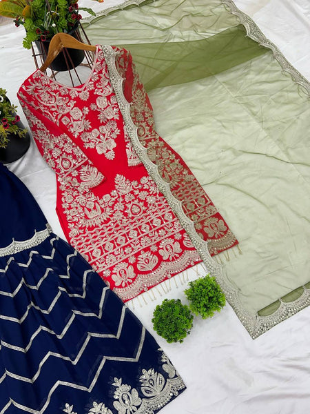 Red Color Georgette Embroidery Plazo Suit