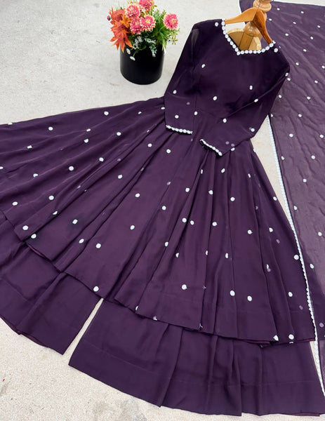 Wine Color Georgette Embroidery Plazo Suit