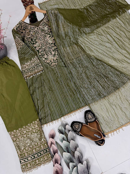 Elegant Olive Green Embroidery Palazzo Suit Set