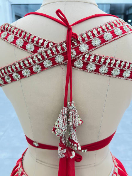 Red Faux Georgette Bridal Lehenga Choli with Sequins & Zari Work