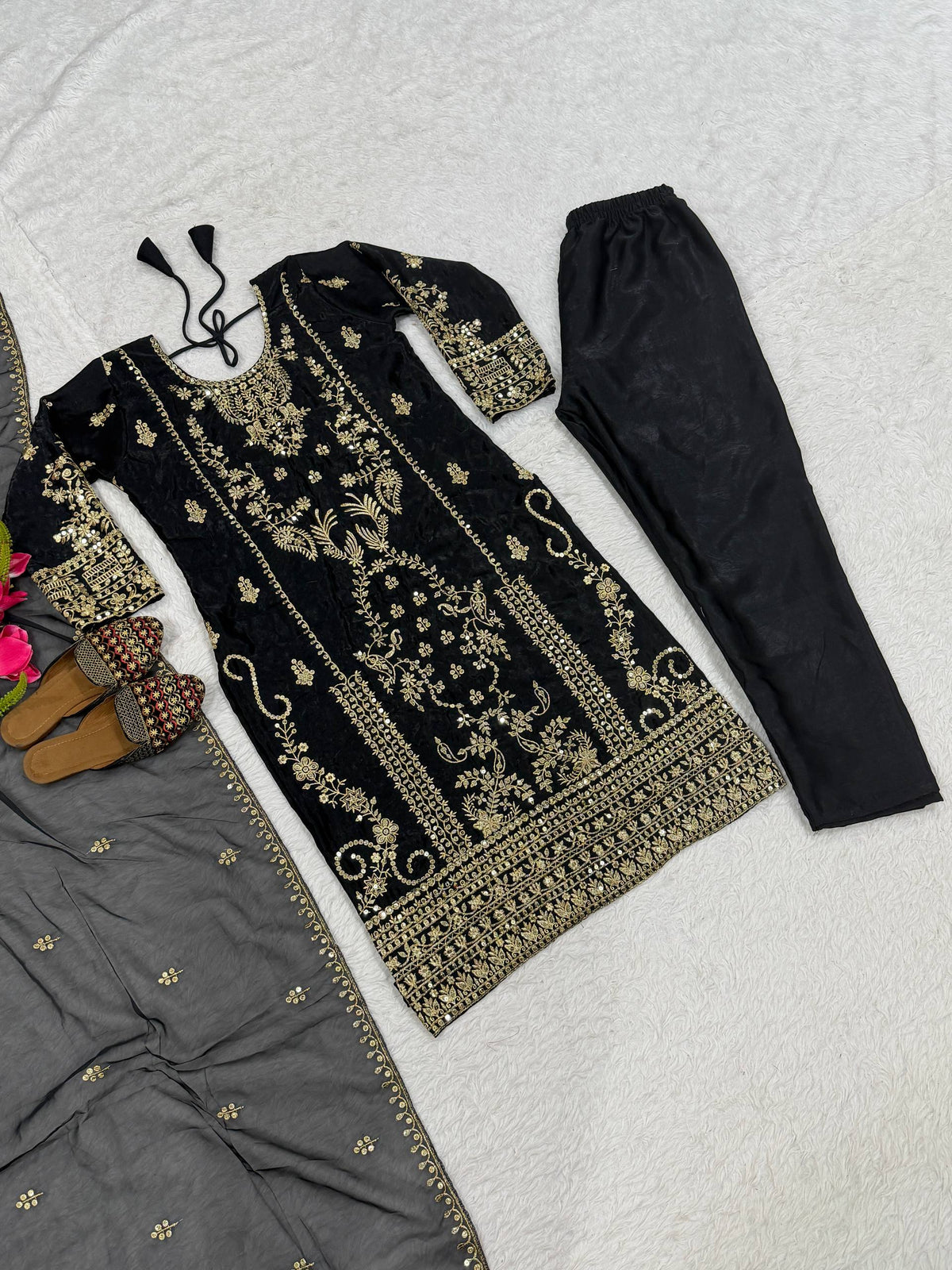 Exquisite Korean Satin Silk Embroidered Suit Set