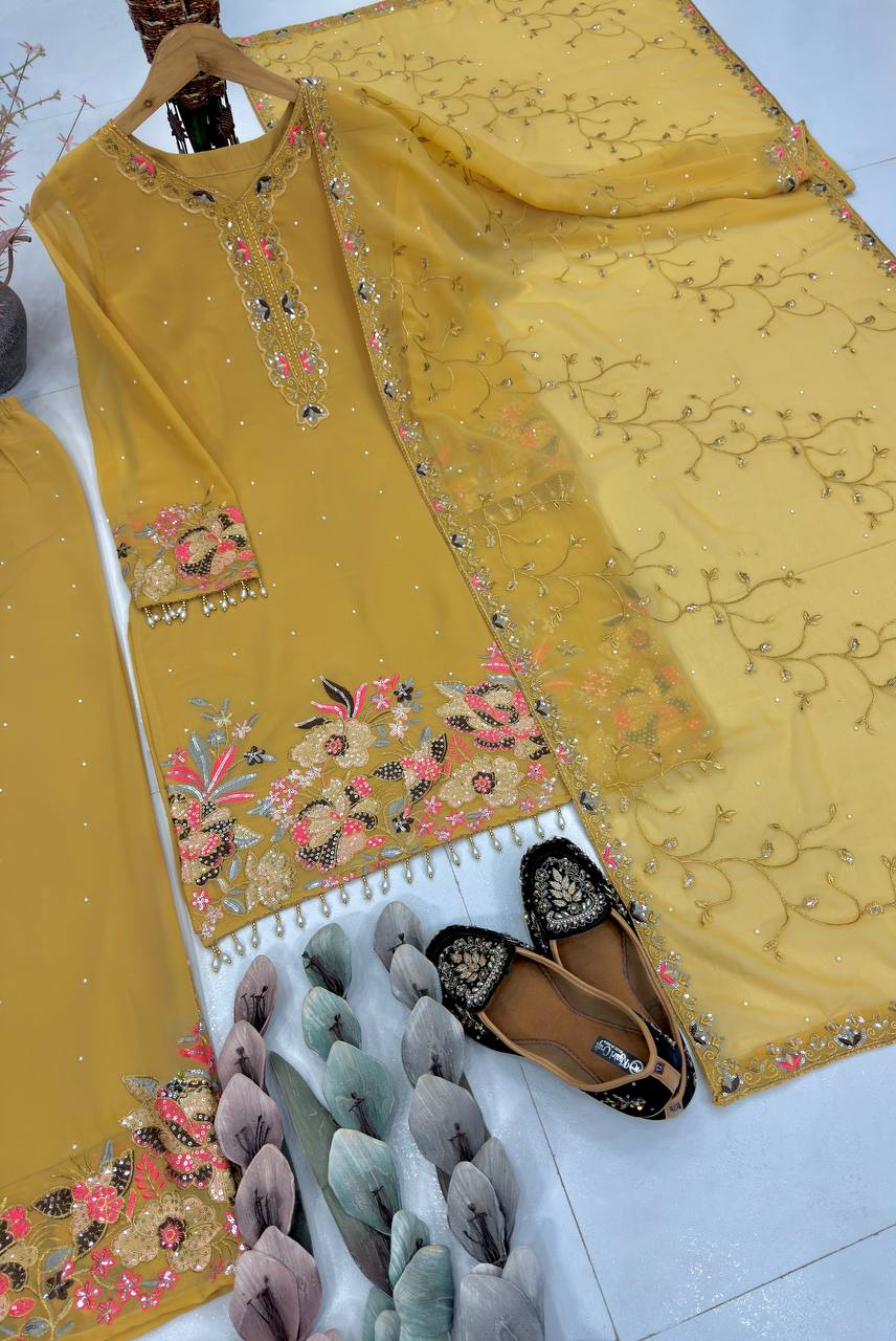 Exquisite Faux Georgette Embroidered Palazzo Set