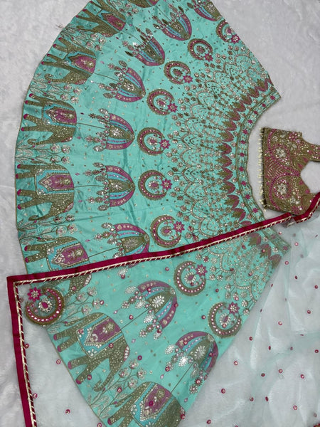 Premium Slub Silk Bridal Lehenga Choli with Intricate Embroidery & Foil Mirror Work