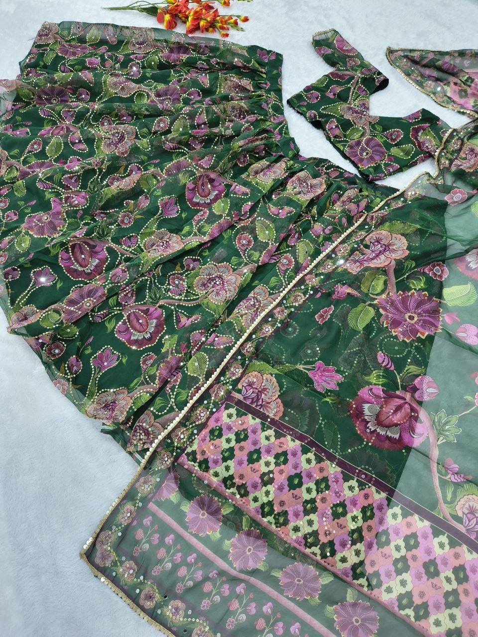 Premium Taby Silk Hand-Worked Lehenga Choli – Digital Floral Print