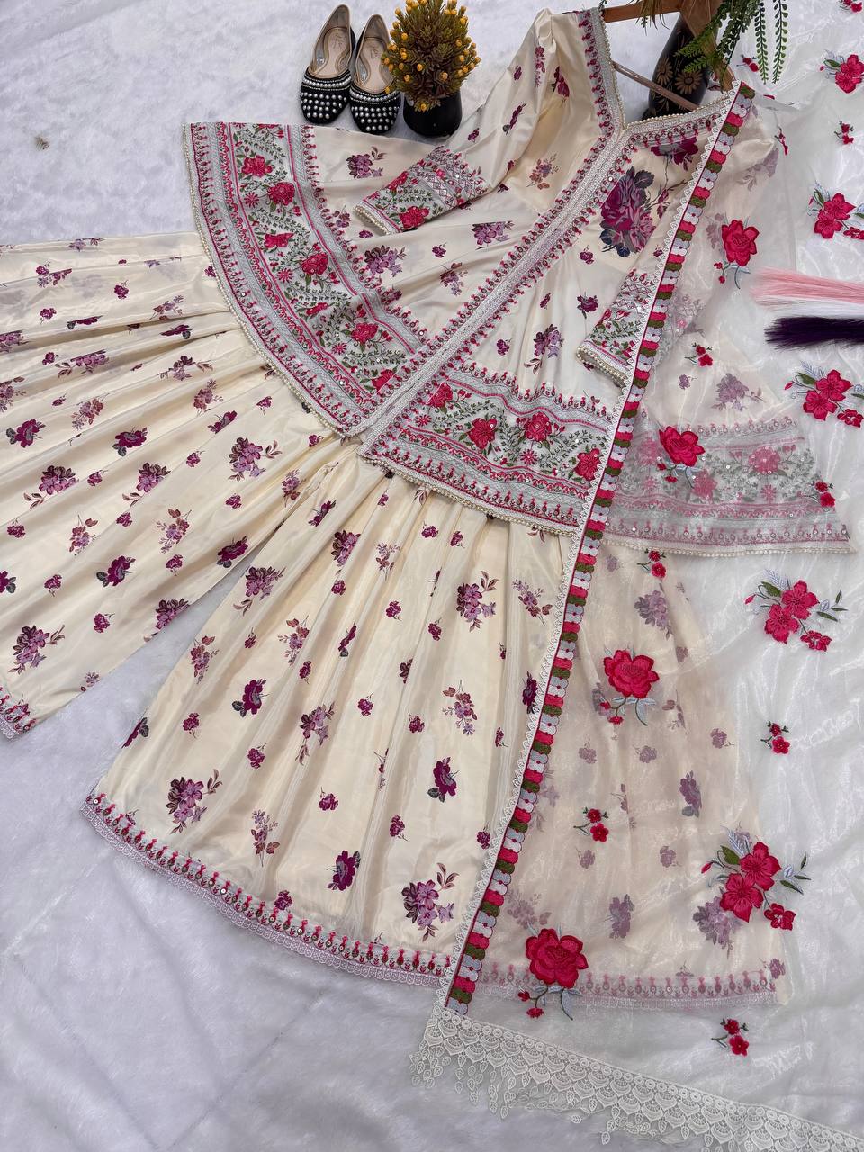 Heavy Natural Crepe Silk Peplum Top with Sharara & Dupatta Set