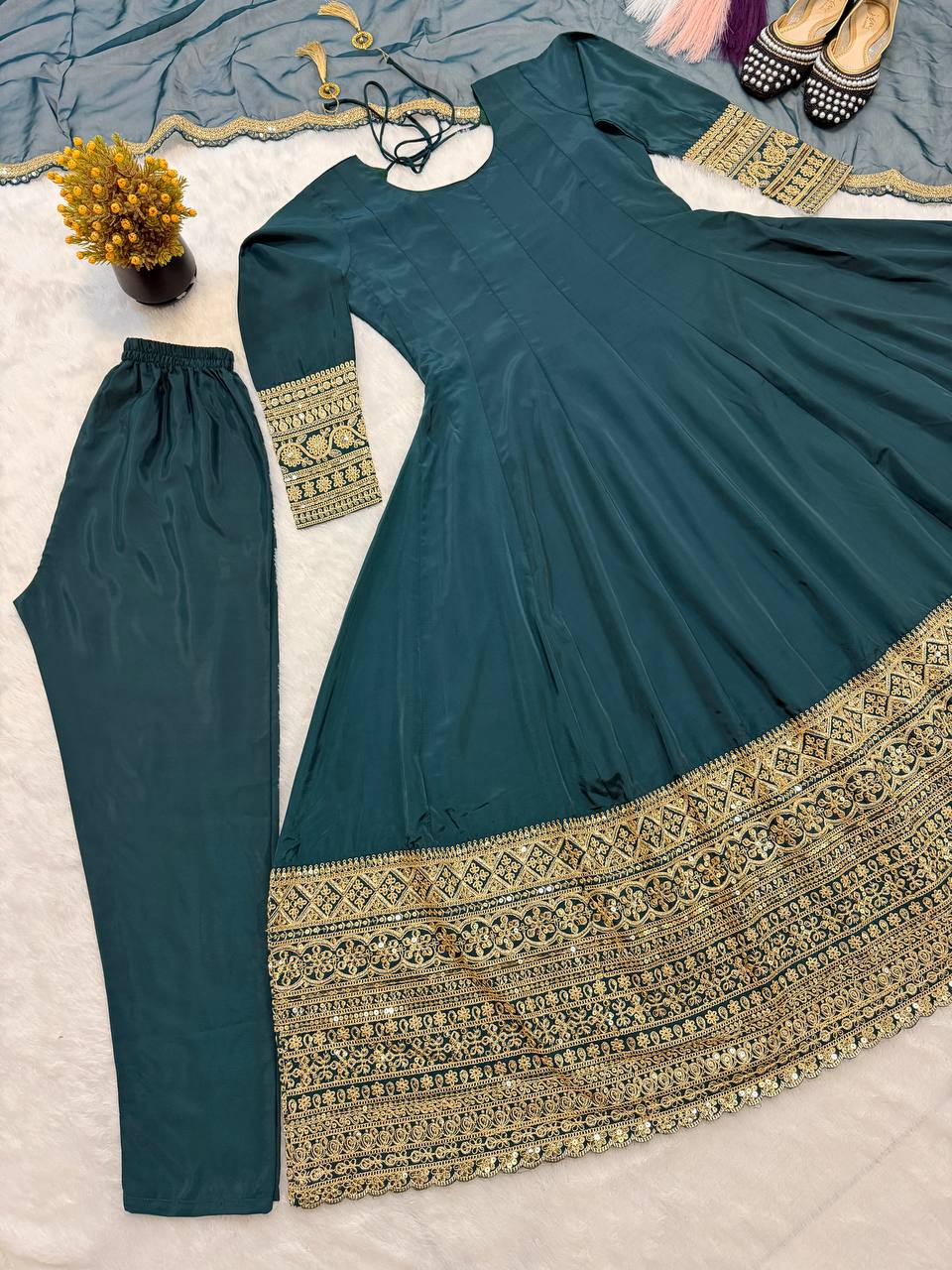 Heavy Natural Crape Embroidered Anarkali Suit Set