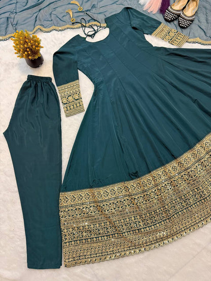 Heavy Natural Crape Embroidered Anarkali Suit Set