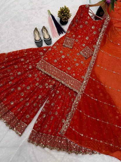 Premium Pure Frendy Silk Embroidered Top Palazzo Dupatta Set