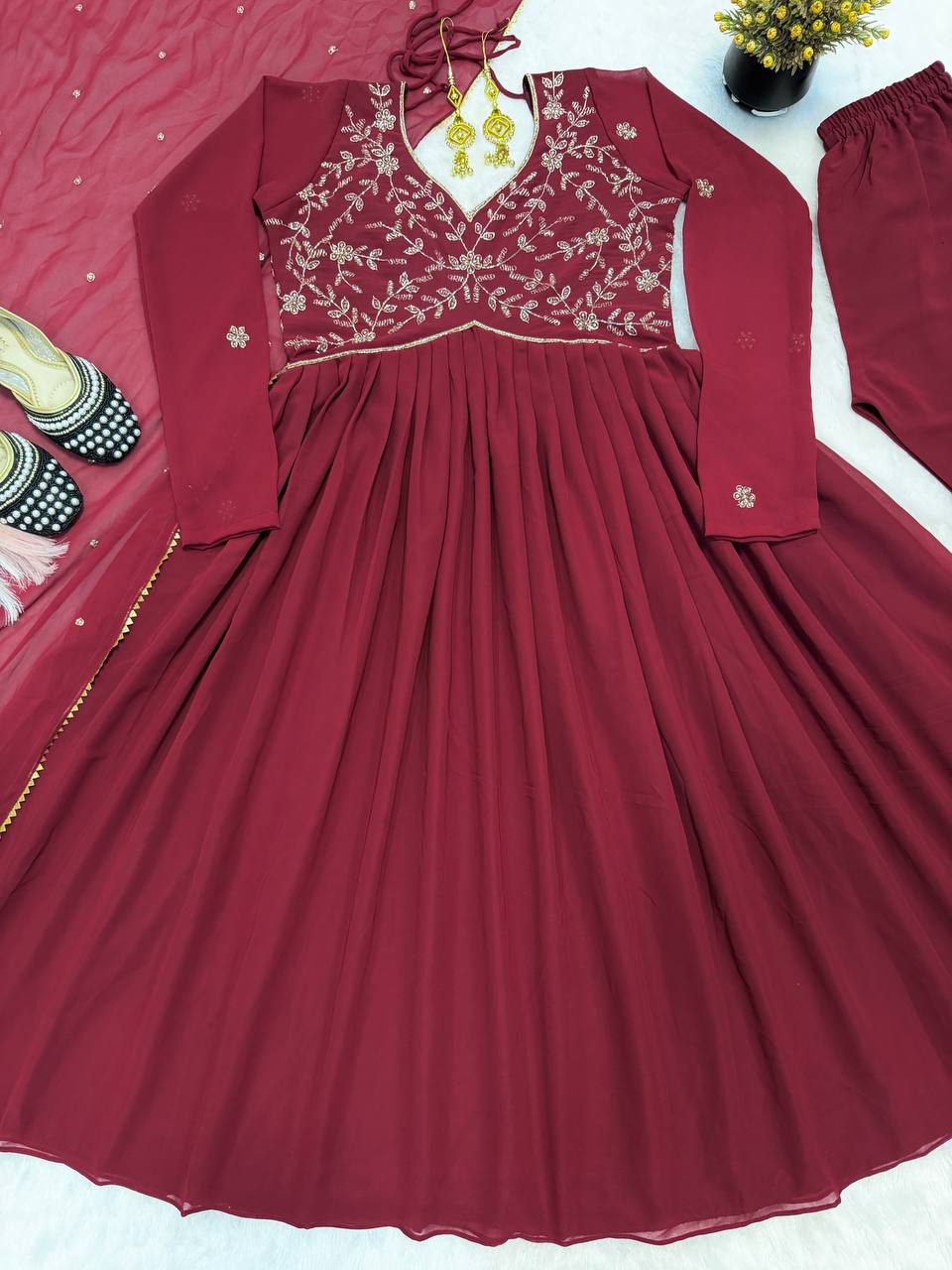 Elegant Faux Georgette Gown Set with Hand-Crafted Beading
