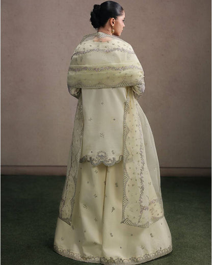 Premium Natural Crepe Silk Sharara Suit with Multi-Needle Sequence Embroidery