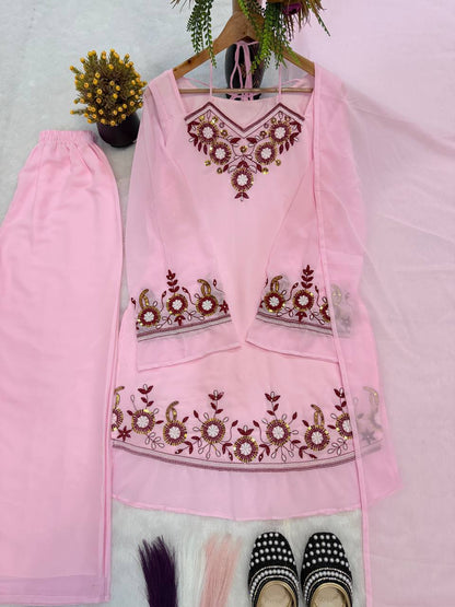Heavy Faux Georgette Embroidered Peplum Top with Palazzo Set