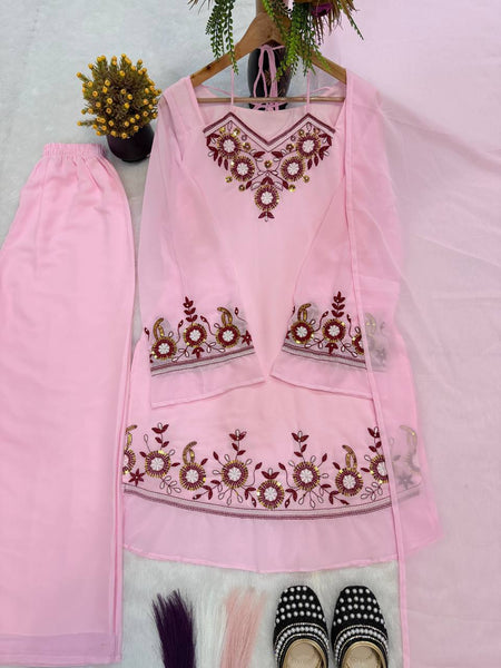 Heavy Faux Georgette Embroidered Peplum Top with Palazzo Set