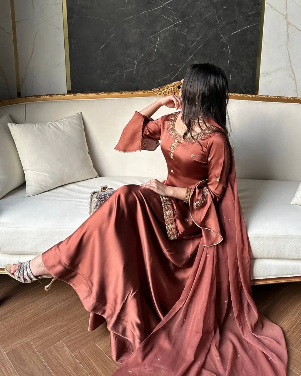 Heavy Natural Crepe Silk Embroidered Sharara Suit Set