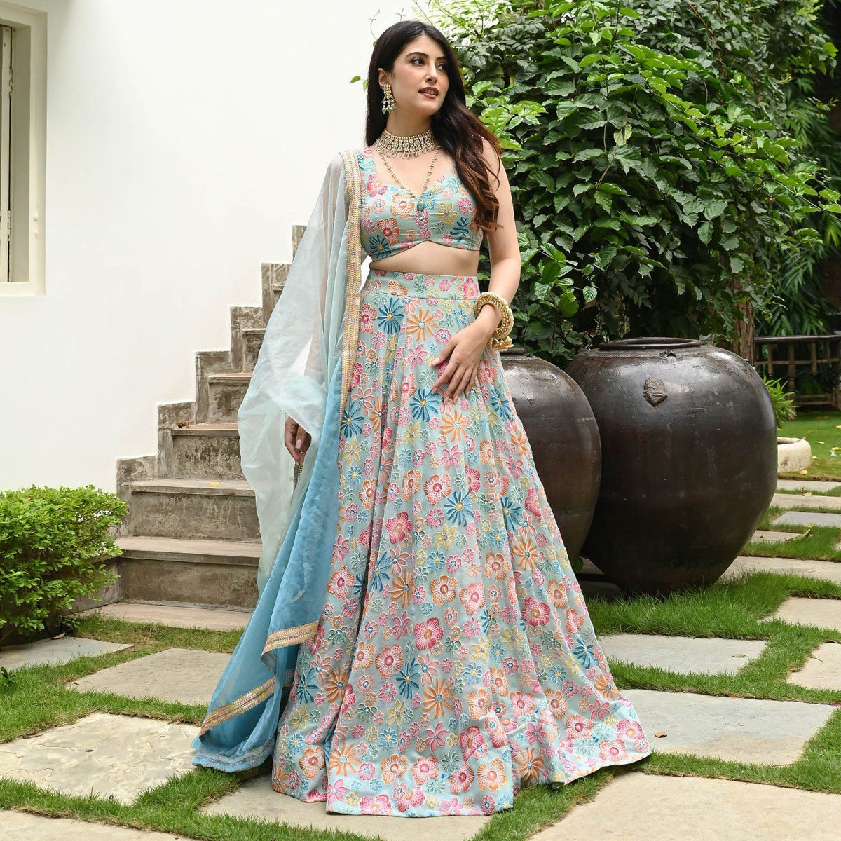 Premium Muslin Silk Multi-Color Digital Print Lehenga Set