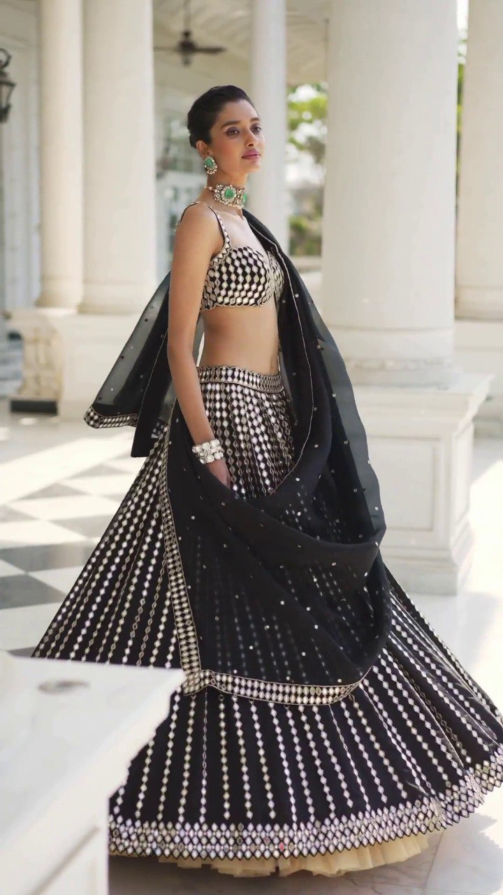 Premium Organza Silk Lehenga Choli with Paper Mirror Zari Embroidery
