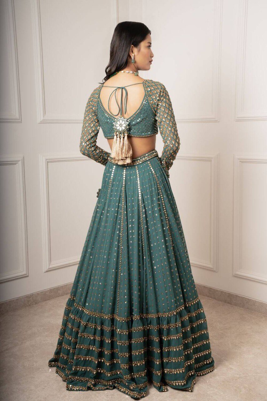 Bottle Green Embroidered Faux Georgette Lehenga Choli Set