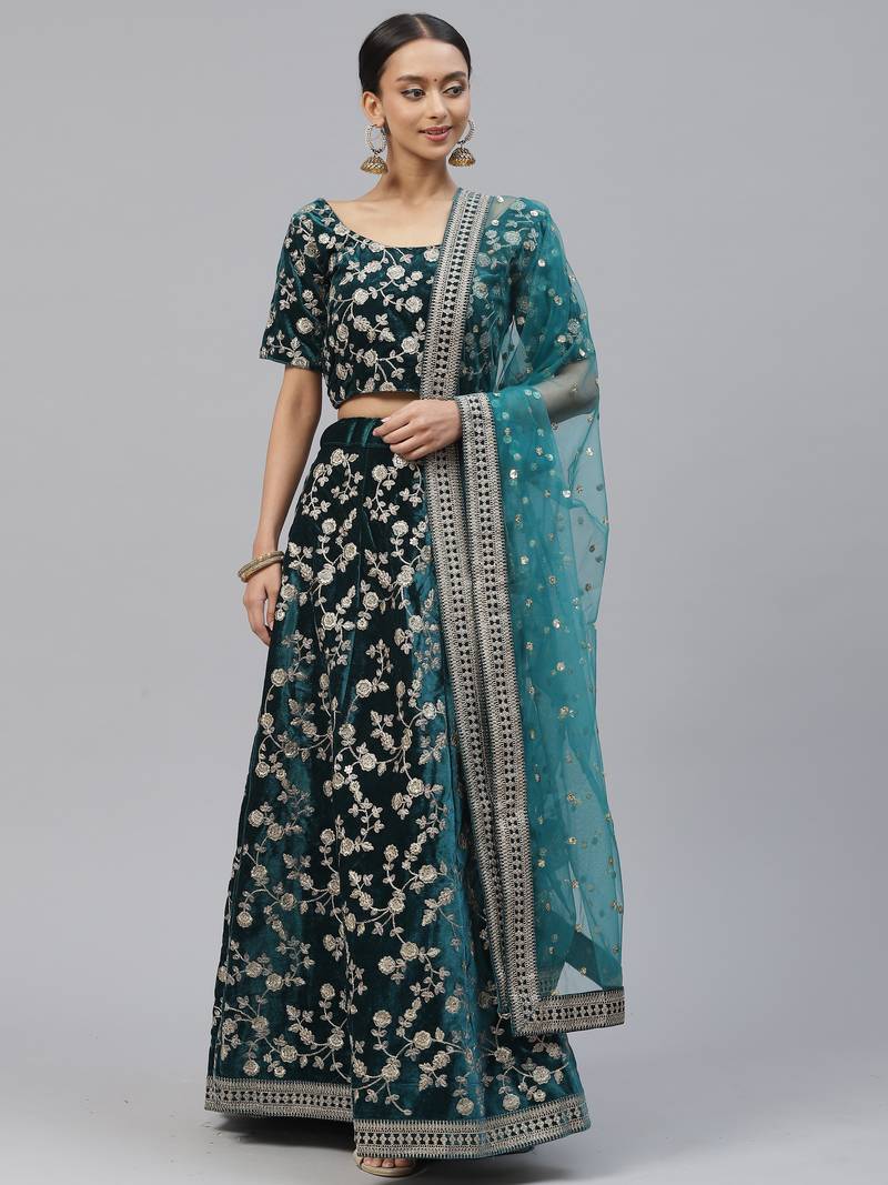 Premium 9000 Velvet Embroidered Lehenga Choli Set with Sequins & Coding Work