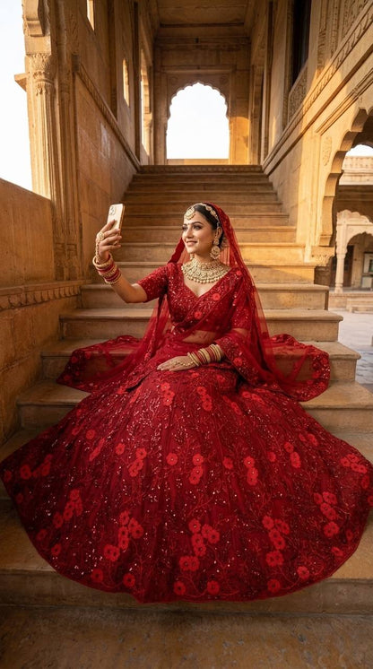 Premium Embroidered Butterfly Net Lehenga Choli Set