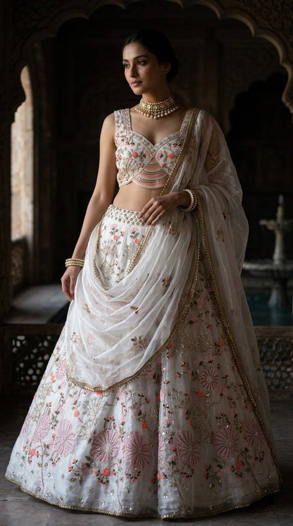Elegant Tabby Silk Lehenga Choli with Pearl Sequins Embroidery