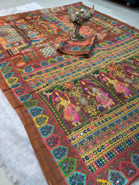 Ajrakh Print Mirror Work Chinnon Saree